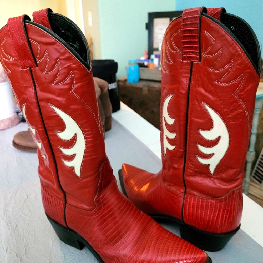 Red Leather Justin Cowboy Boots /Cowgirl - Picture 2 of 5